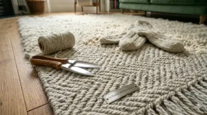 Alt text for a photorealistic close-up of a textured herringbone British wool rug with a metal plaque reading "DURABLE BRITISH WOOL," featuring vintage lambswool shears and a yarn spool on the surface.