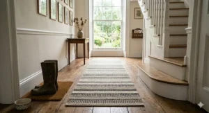 A durable New Zealand wool runner rug in a striped pattern, made from hard-wearing natural fibres, placed on a reclaimed oak floor in a busy British hallway next to a white wooden staircase and muddy leather wellington boots.
