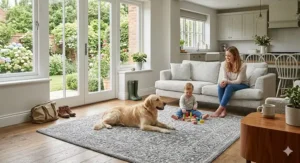 Close-up detail of durable synthetic fibres used in high-quality washable rugs for heavy-duty use.