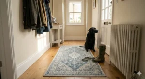 A 4K wide-angle photograph capturing a contemporary sunlit British hallway featuring a durable, blue-and-cream geometric patterned machine washable rug with muddy boots and a dog leash resting on the low-pile fabric.