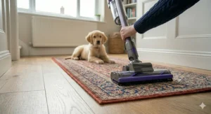 A purple cordless upright vacuum cleaner moving easily over a flat-weave rug that is held firmly in place by rug grippers.