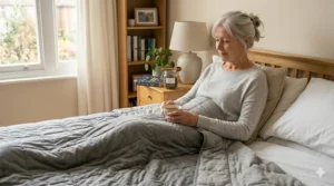 An older woman enjoying a cup of tea while relaxing under a 6.8kg weighted blanket.