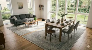 An extra-large 240x340 area rug anchoring the furniture in a modern UK open-plan flat with floor-to-ceiling windows.