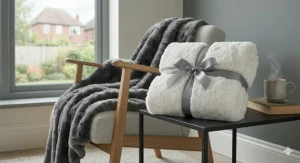 A neatly folded white faux fur throw tied with a grey satin ribbon, ideal as an affordable gift for under £40.