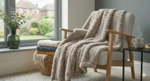 A modern faux fur throw with a subtle geometric textured pattern, proving style does not have to be expensive.