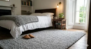 A soft, textured grey New Zealand wool rug placed on a reclaimed oak floor beside a beautifully dressed British bed with linen sheets, a chunky knit throw, and natural leather slippers.