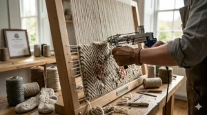 Alt text for a photorealistic illustration depicting a traditional artisanal hand-tufting process, as a craftsman uses a manual tool on a vertical wooden frame to create a pure wool rug within a well-lit workshop in the British countryside.