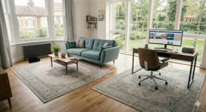 A 240x340 area rug positioned under a modern home office desk and chair, protecting the wooden floor in a British study.