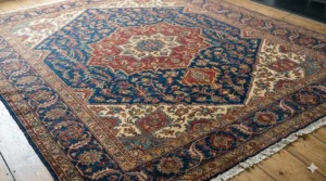 An educational infographic explaining how to identify genuine Persian rugs using knot density and fringe details.