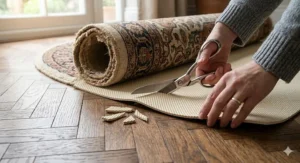 A person using shears to trim a bespoke rug underlay to fit a circular rug on a classic herringbone parquet floor.