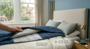 An infographic demonstrating how to remove the duvet cover for washing and spot clean the weighted blanket interior.