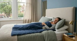 An easy-to-read chart explaining how to calculate the recommended weighted blanket weight in kilograms to ensure a comfortable night of sleep.