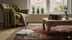 Close-up detail of the intricate traditional patterns and rich colours on a budget-friendly Oriental rug.