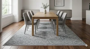 A photorealistic 240x340 area rug placed beneath a solid oak dining table, showing ideal size proportions for a UK dining room.