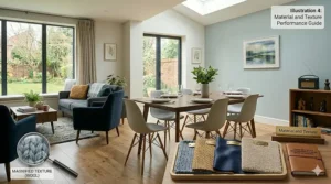 A large 200x300cm area rug positioned under a contemporary dining table and chairs in a bright UK home extension.