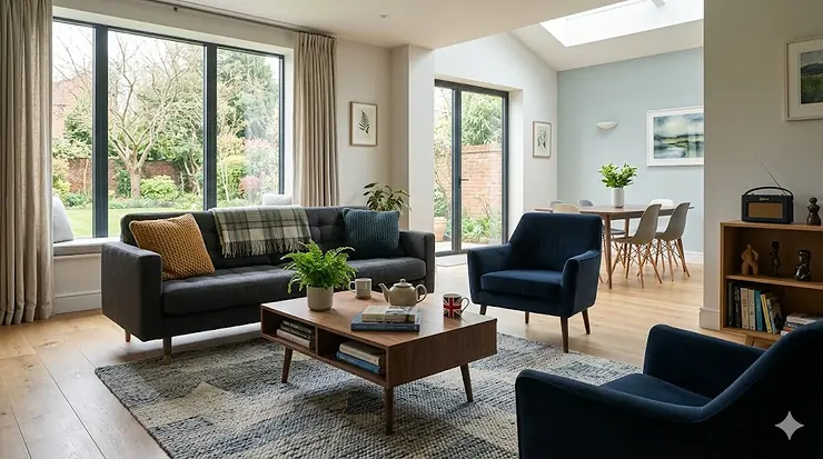 A large grey wool rug measuring 200x300cm styled under a sofa in a modernised British living room with natural light. large rugs UK 200x300