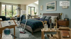 Advanced rug maintenance illustration featuring a garment steamer and fibre relaxer spray for high-end 200x300cm rugs.