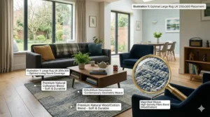 A selection of available colours for a high-traffic large rug including navy blue, sage green, and natural beige.