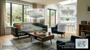 A photorealistic size guide illustration comparing large rugs UK 200x300 dimensions against standard furniture footprints.