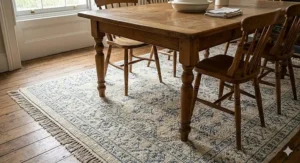 A cream and blue patterned wool rug placed under a rustic wooden dining table in a traditional British home.
