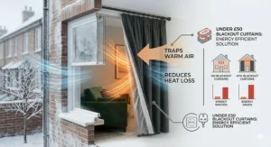 Floor-length cream blackout curtains in a contemporary lounge setting, providing privacy and reducing glare on the TV.