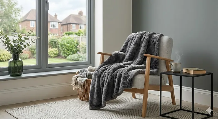 A luxurious charcoal grey faux fur throw draped over a modern sofa, perfect for affordable home styling under £40. faux fur throws under £40
