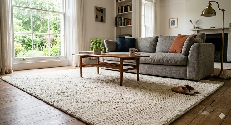 A candid, ultra-high-resolution photograph capturing a luxurious, textured cream-coloured New Zealand wool rug prominently displayed in a naturally lit British living room with a grey sofa and wooden coffee table. New Zealand wool rugs