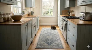 A photorealistic, detailed 4K photograph of a patterned machine washable runner rug placed between shaker-style cabinets and a wooden worktop in a sunlit British galley kitchen.