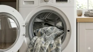 Close-up of a foldable, affordable washable rug being placed into a standard front-loading domestic washing machine.