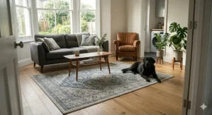 A close-up 4K photograph capturing the durable, low-pile fabric texture and intricate blue-and-cream geometric pattern of a premium machine washable rug, laid on a polished oak floor.