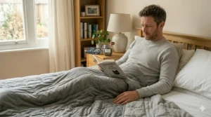 A man reading a book in bed while covered by a 6.8kg weighted blanket.