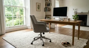 A candid, photorealistic close-up capturing a serene and functional British home office with natural daylight streaming through a Georgian sash window. A minimalist off-white New Zealand wool rug with a plush, textured weave is layered over a reclaimed oak plank floor under a contemporary oak desk setup with an iMac, wireless keyboard, ceramic mug, Pilea plant, and a grey linen ergonomic chair. A pair of worn, natural leather slippers rest nearby.
