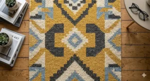 Overhead view of a modern geometric wool rug in mustard yellow and grey tones, ideal for contemporary UK interiors.