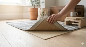 An eco-friendly natural rubber rug pad being laid on a light timber floor in a bright, sustainable home setting.