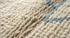 Close-up macro shot of natural wool fibres showing the high-quality looped pile and durable weave of an affordable rug.
