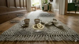 Alt text for a photorealistic close-up of a grey pure wool rug, featuring integrated coffee cup stain diagrams comparing untreated wool versus naturally repelling stain-resistant wool, complete with "PURE NEW WOOL" metal plaque and textured woollen socks.