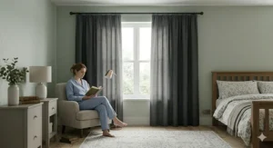 Illustration of thick blackout fabric dampening street noise, ideal for flats or houses on busy UK roads.
