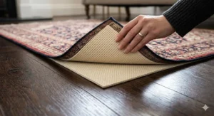 Close-up of a rubberised anti-slip rug underlay preventing a traditional runner from sliding on polished timber flooring.