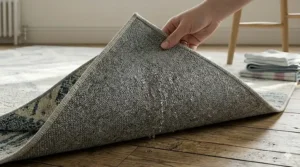 Detail of the integrated non-slip rubber backing on an affordable washable rug for safety on hard floors.
