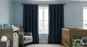 Navy blue blackout curtains in a child's nursery, perfect for creating a dark environment for daytime naps.