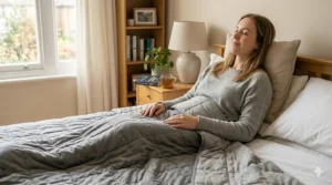 A woman resting peacefully in bed under a 6.8kg weighted blanket.