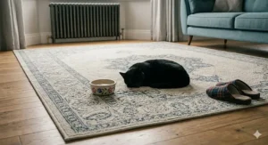 A black cat resting on a soft 240x340 area rug in a sunlit lounge, highlighting its pet-friendly and durable material.