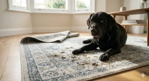 A close-up, high-definition 4K photograph of a muddy black Labrador retriever sitting on a blue and cream geometric patterned machine washable rug, with natural daylight highlighting the muddy paw prints and wet fur.