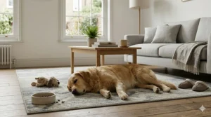 A golden retriever dog resting on a durable, easy-to-clean washable rug under £100.