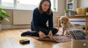 Close-up of a woman applying a non-slip gripper to the corner of a rug on a wooden floor to prevent tripping hazards in a modern home.