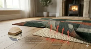 Perforated rug pad suitable for underfloor heating systems, shown beneath a rug on engineered wood planks.