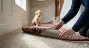 A decorative rug being peeled back to show a specialist gripper designed to stop rugs from creeping on top of a neutral-toned fitted carpet.