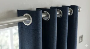 Close-up of silver eyelet rings on a blackout curtain fabric, showing easy installation on a standard curtain pole.