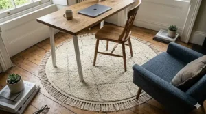 A circular cream wool rug with a tassel fringe styled under a wooden desk in a compact UK home office or study.