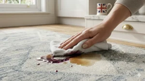 A spill being easily wiped off a stain-resistant washable rug, demonstrating practical flooring for busy UK homes.